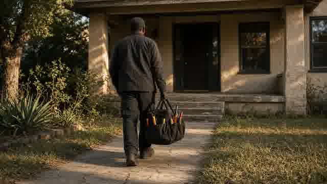 A tradesperson walking from the street toward a front porch, seen from behind.