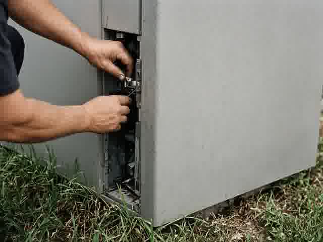 An HVAC technician working on an outdoor compressor, face out of frame.