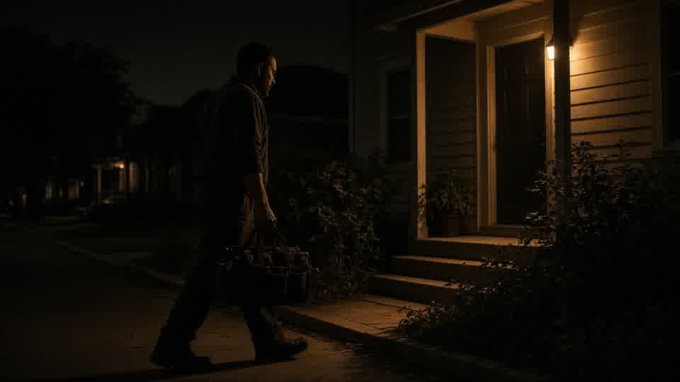 A tradesperson walking up to a house after dark.