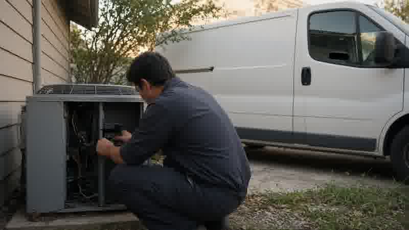 An HVAC technician working inside an outdoor condenser. A phone sits dark in the truck.