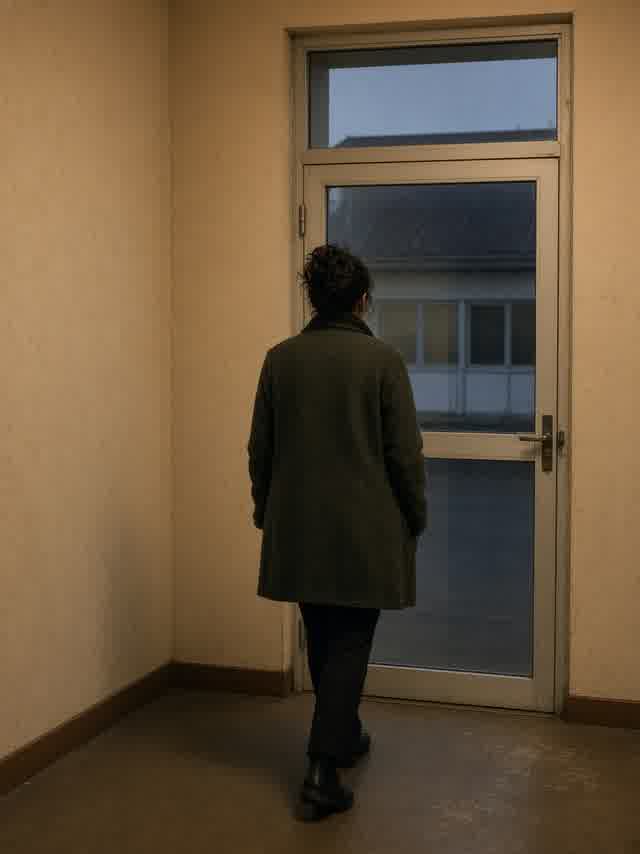 An office manager seen from behind, leaving at dusk.