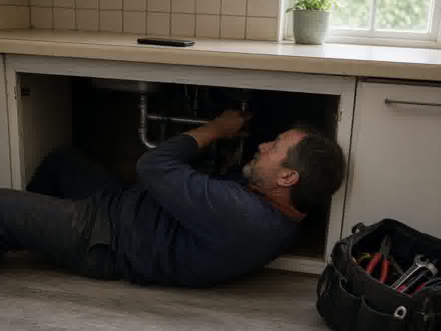 A plumber working under a kitchen sink, not looking at the camera.