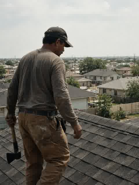 A roofer walking a residential roof, seen from the side.