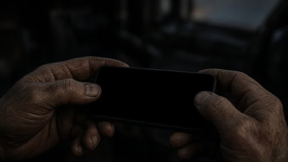 Weathered hands holding a phone with a dark screen.