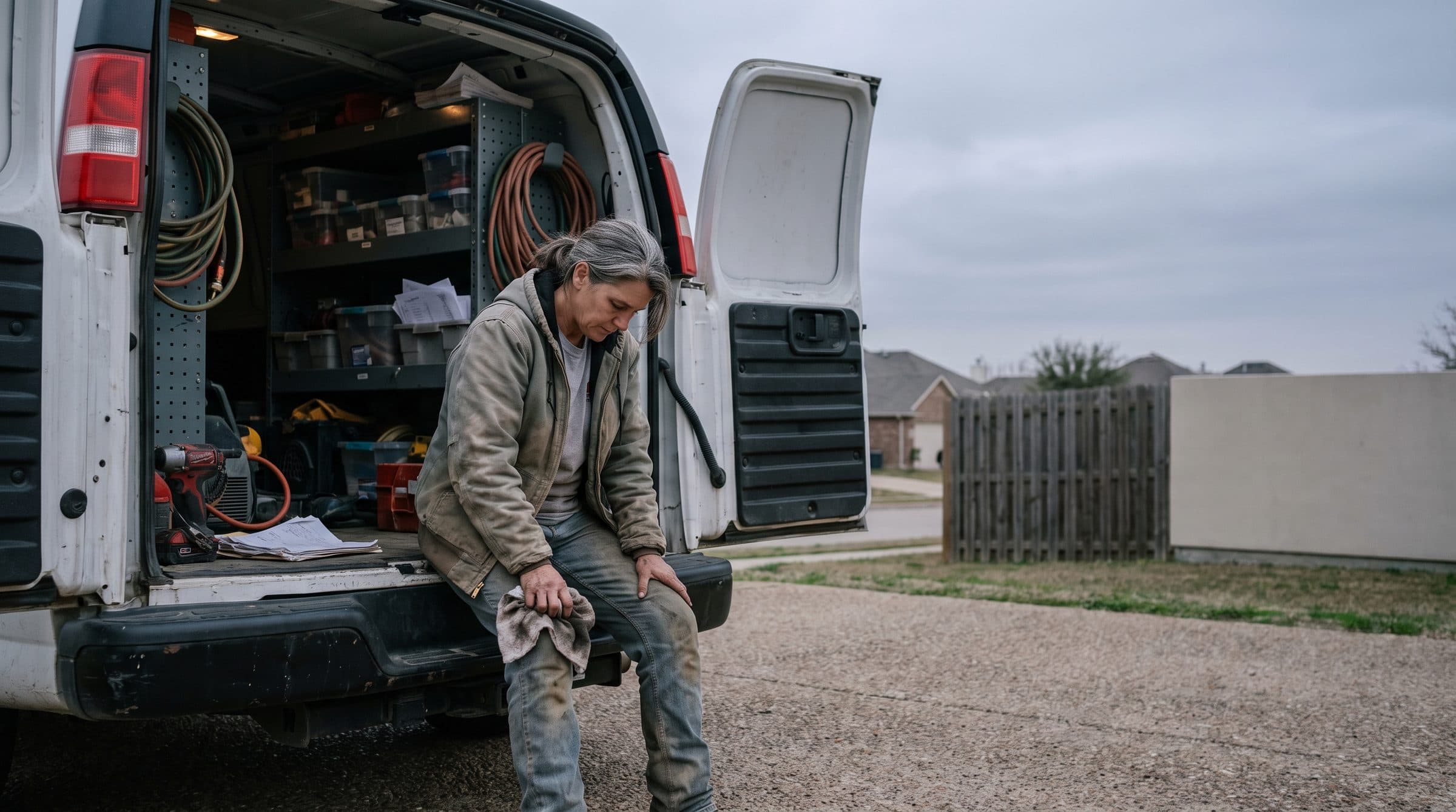 A technician at the back of a work van in the evening.