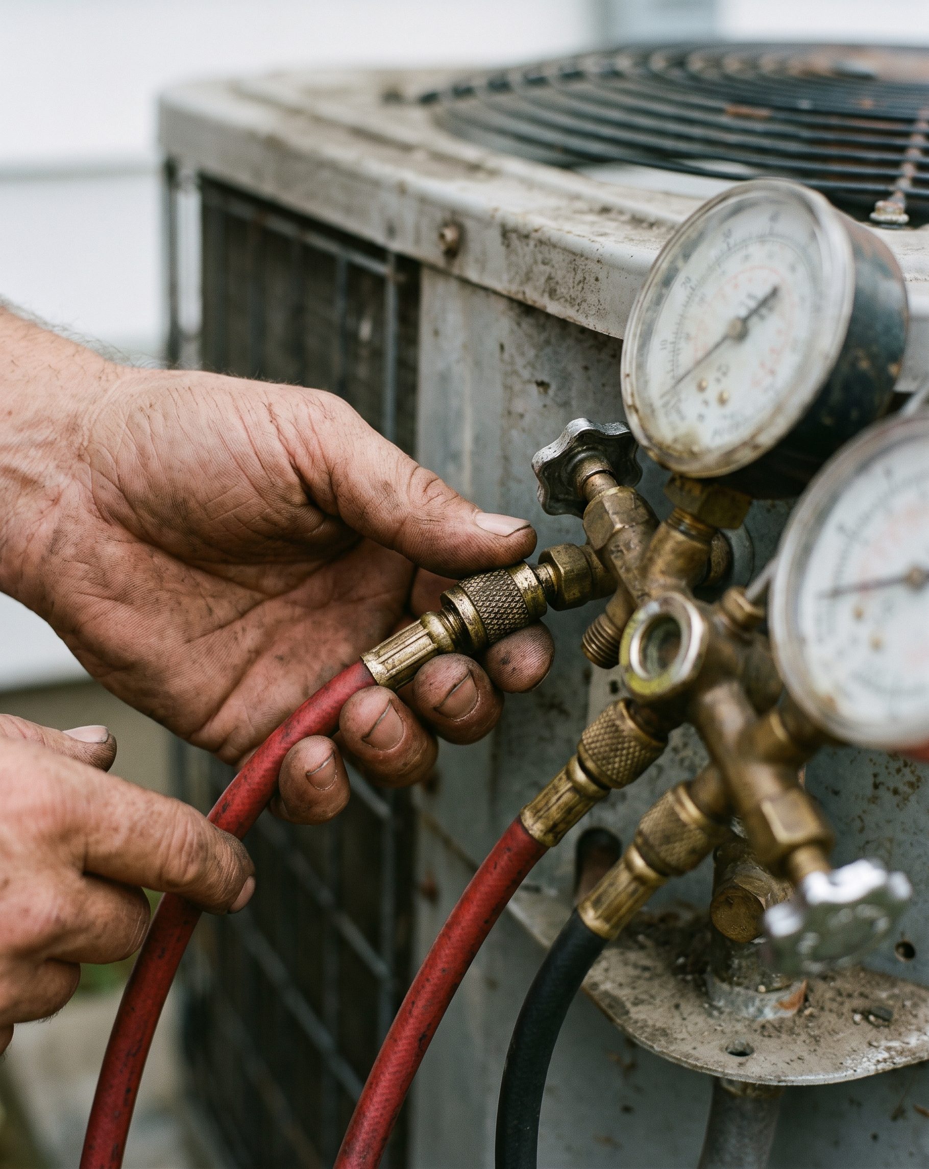 HVAC work on a residential outdoor unit.